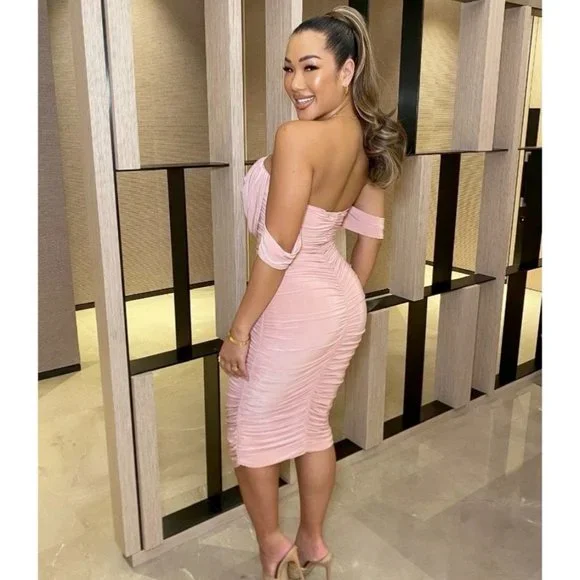 Pink Short Sleeve Off Shoulder Ruched Bodycon Midi Dress - Picture 9 of 14